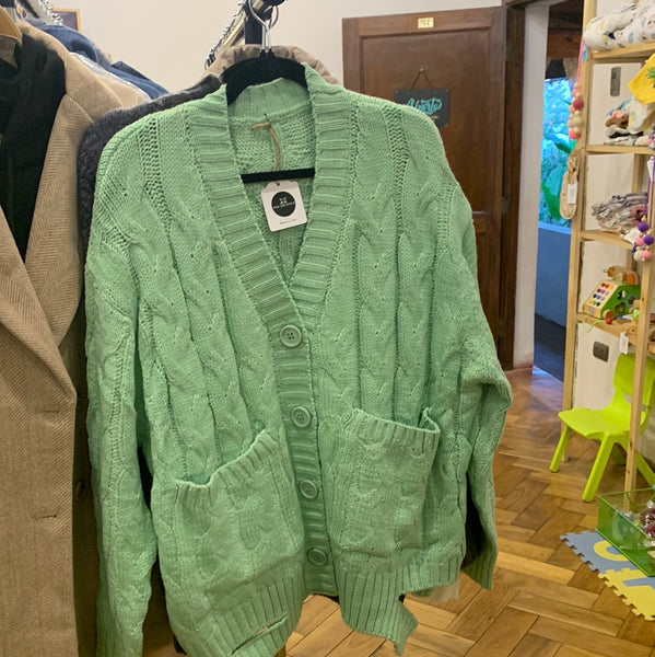 Cardigan trenza verde agua y gris